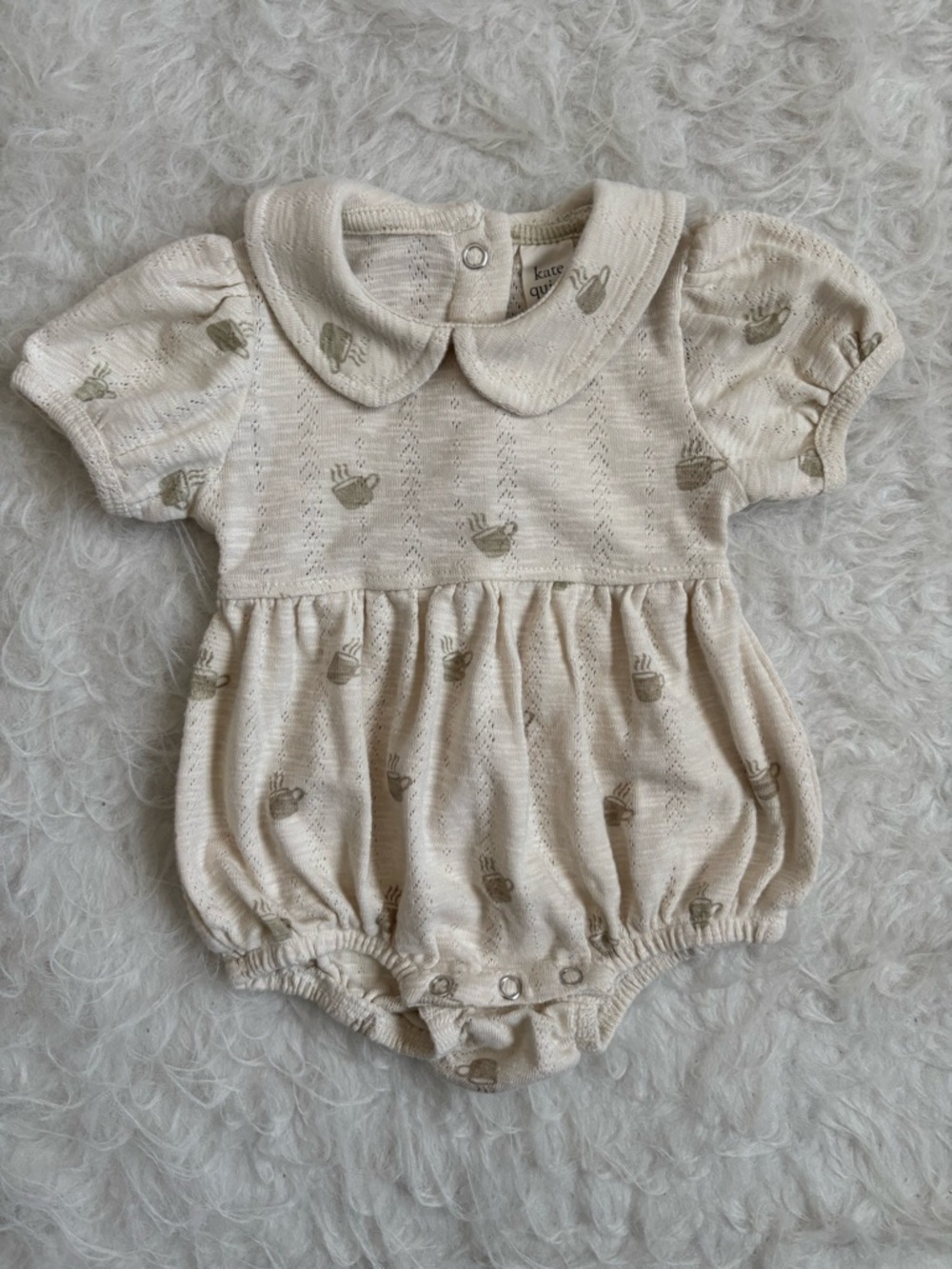 kate quinn Baby Cottagecore Cream Bubble Romper with Subtle Coffee Cup AOP